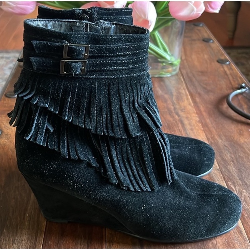 Aerosoles Black Suede Ankle Boots With Fringe Size 8M